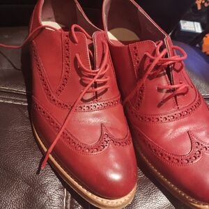 Women's Red Leather Brogue Oxfords - Classic Lace-Up Flats